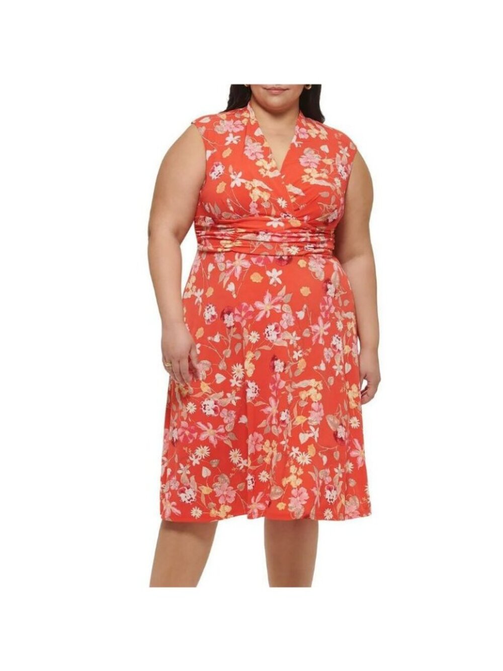 NWT Jessica Howard Womens Orange Floral V-Neck Ruched Fit & Flare Dress PLUS 24W